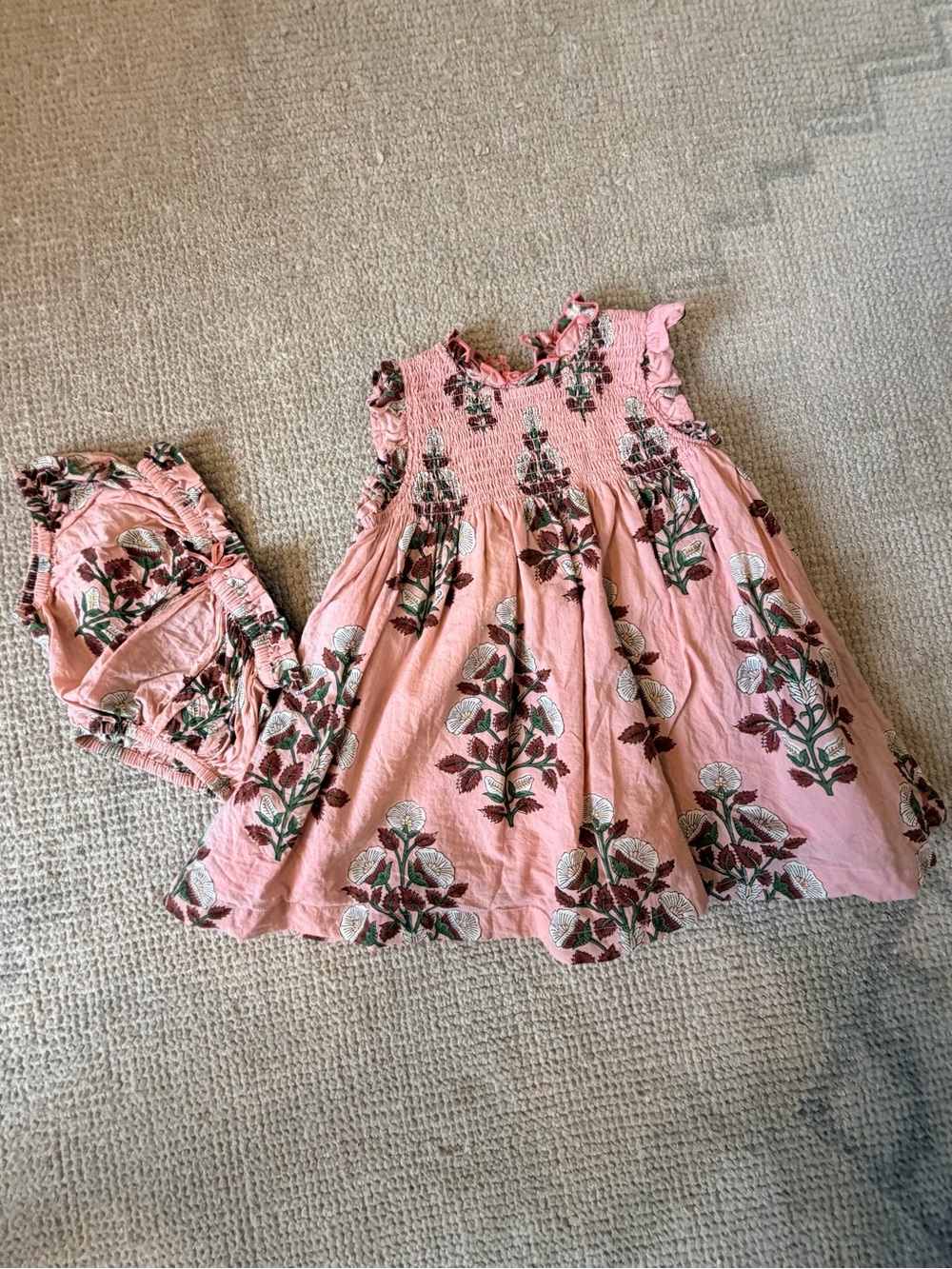 Pink Chicken Floral Smocked Toddler Dress & Bloomers with Blooming Print. 18-24m
